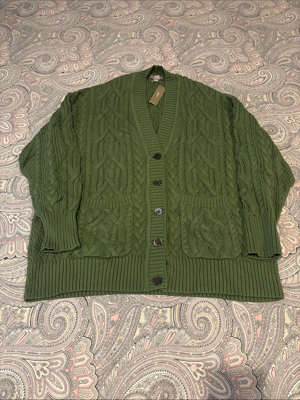 J. Crew green Cable Knit Button-Front Cardigan, size XL